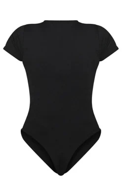 Basic Black Cotton Blend Fitted Short Sleeve Bodysuit