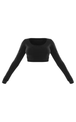 Basic Black Cotton Blend Long Sleeve Crop Top