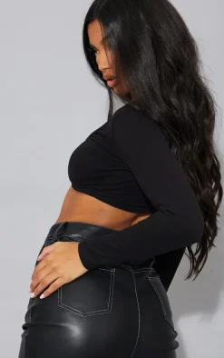 Basic Black Cotton Blend Long Sleeve Deep V Crop Top
