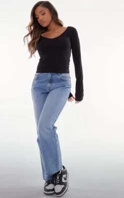 Basic Black Cotton Blend Longline Long Sleeve Top