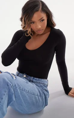 Basic Black Cotton Blend Plunge Long Sleeve Bodysuit