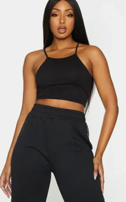 Basic Black Cotton Blend Racer Neck Crop Top