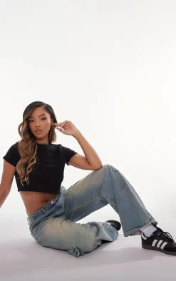 Basic Black Cotton Blend Roll Sleeve Crop Top