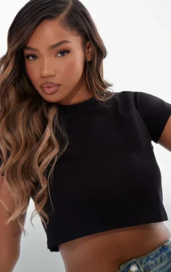 Basic Black Cotton Blend Roll Sleeve Crop Top