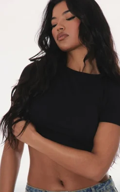 Basic Black Cotton Blend Short Sleeve Crop Top