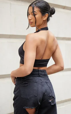 Basic Black Slinky Scoop Neck Halter Top