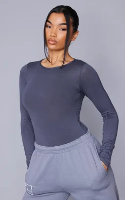 Basic Charcoal Crew Neck Long Sleeve Bodysuit