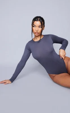 Basic Charcoal Crew Neck Long Sleeve Bodysuit