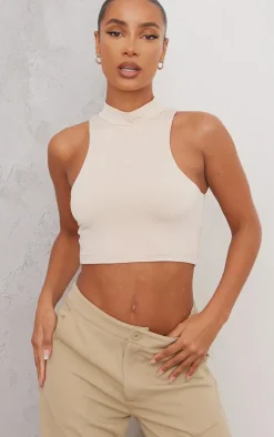 Basic Cream Slinky High Neck Sleeveless Crop