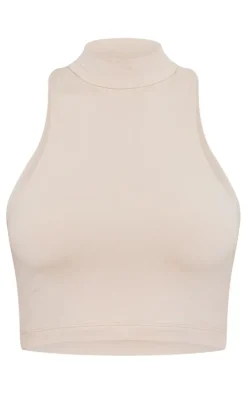Basic Cream Slinky High Neck Sleeveless Crop