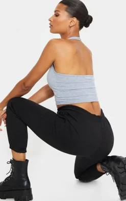 Basic Grey Marl Cotton Blend Halterneck Crop Top