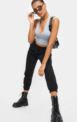 Basic Grey Marl Cotton Blend Halterneck Crop Top
