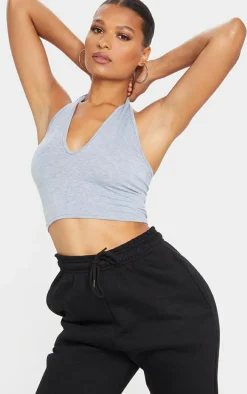 Basic Grey Marl Cotton Blend Halterneck Crop Top