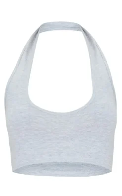Basic Grey Marl Cotton Blend Halterneck Crop Top