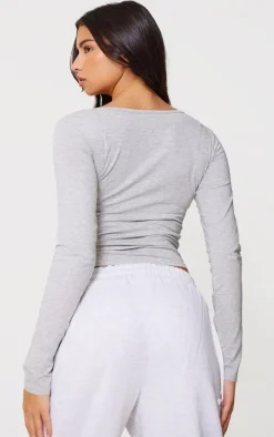 Basic Grey Marl Cotton Blend Longline Long Sleeve Top