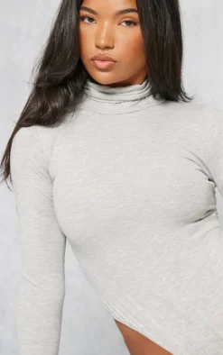 Basic Grey Marl Cotton Blend Roll Neck Bodysuit
