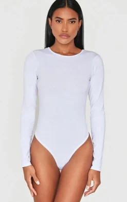 Basic White Cotton Blend Crew Neck Bodysuit
