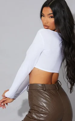 Basic White Cotton Blend Long Sleeve Deep V Crop Top