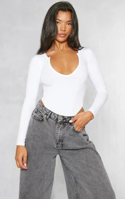 Basic White Cotton Blend Plunge Long Sleeve Bodysuit