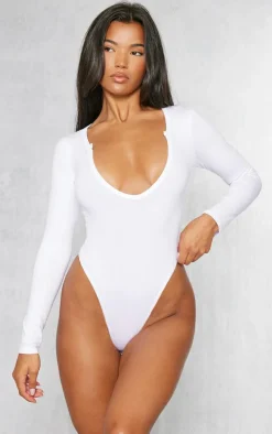 Basic White Cotton Blend Plunge Long Sleeve Bodysuit