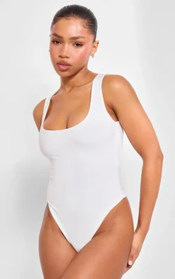 Basic White Cotton Blend Racer Back Bodysuit