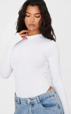 Basic White Cotton Blend Roll Neck Bodysuit