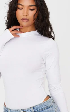 Basic White Cotton Blend Roll Neck Bodysuit