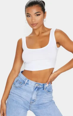 Basic White Cotton Blend Scoop Neck Crop Top