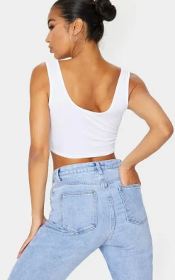 Basic White Cotton Blend Scoop Neck Crop Top