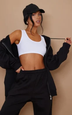 Basic White Cotton Blend Sleeveless Elastic Hem Crop Top