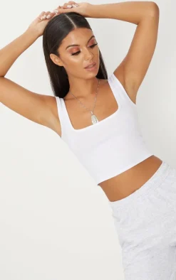 Basic White Cotton Blend Square Neck Crop Tank