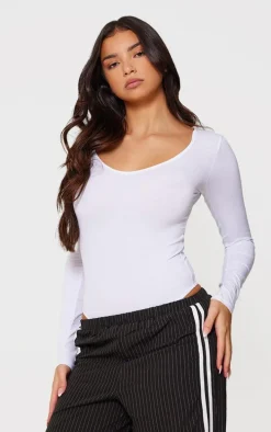 Basic White Cotton Blend V Neck Long Sleeve Bodysuit