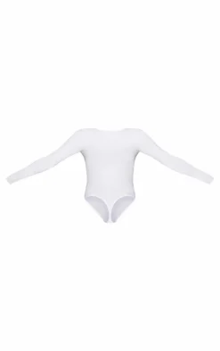 Basic White Cotton Blend V Neck Long Sleeve Bodysuit