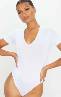 Basic White Cotton Blend V Neck Short Sleeve Bodysuit