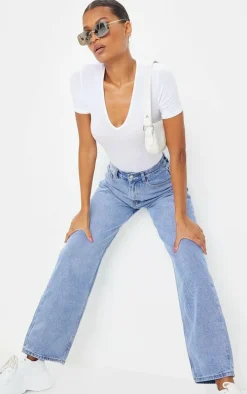 Basic White Cotton Blend V Neck Short Sleeve Bodysuit