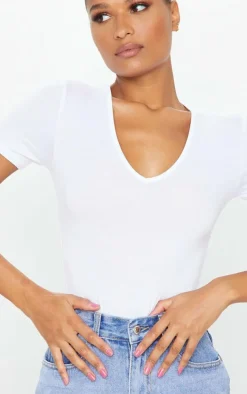 Basic White Cotton Blend V Neck Short Sleeve Bodysuit