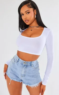 Basic White Rib Long Sleeve Crop Top