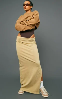 Beige Acid Wash Cotton Fold Over Maxi Skirt