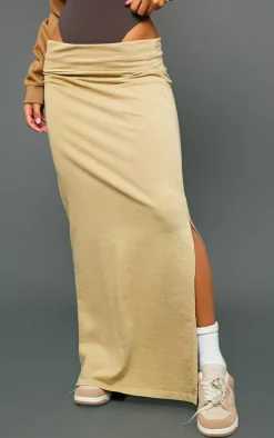 Beige Acid Wash Cotton Fold Over Maxi Skirt