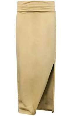Beige Acid Wash Cotton Fold Over Maxi Skirt