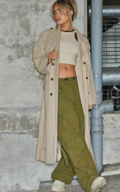 Beige Belted Double Breasted Trench Coat