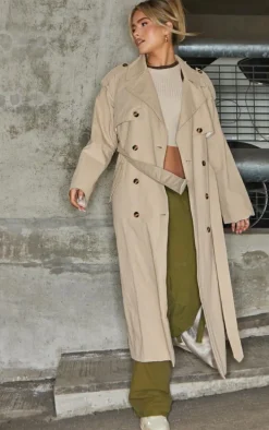 Beige Belted Double Breasted Trench Coat