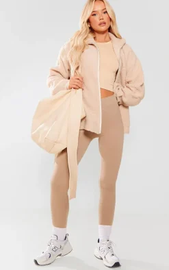 Beige Borg Contrast Piping Fleece Jacket