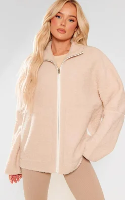 Beige Borg Contrast Piping Fleece Jacket