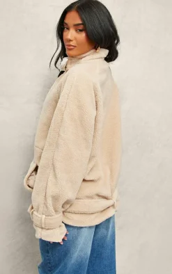 Beige Borg Slouchy Belted Hem Jacket