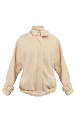 Beige Borg Slouchy Belted Hem Jacket