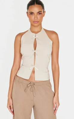 Beige Bow Detail Long Top