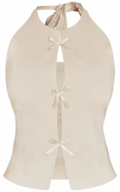 Beige Bow Detail Long Top