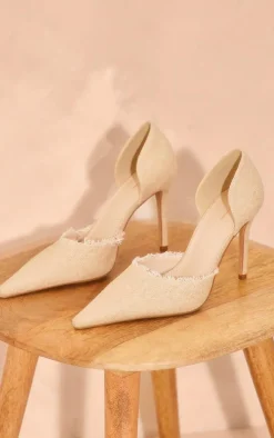 Beige Canvas Point Toe Frayed Edge High Heeled Courts