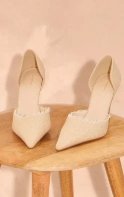 Beige Canvas Point Toe Frayed Edge High Heeled Courts